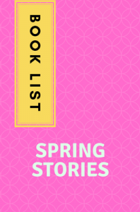 text Spring Stories Book List on pink background