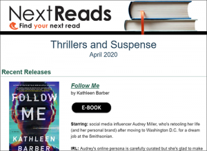 Shows sample of Next Reads Thrillers and Suspense newsletter